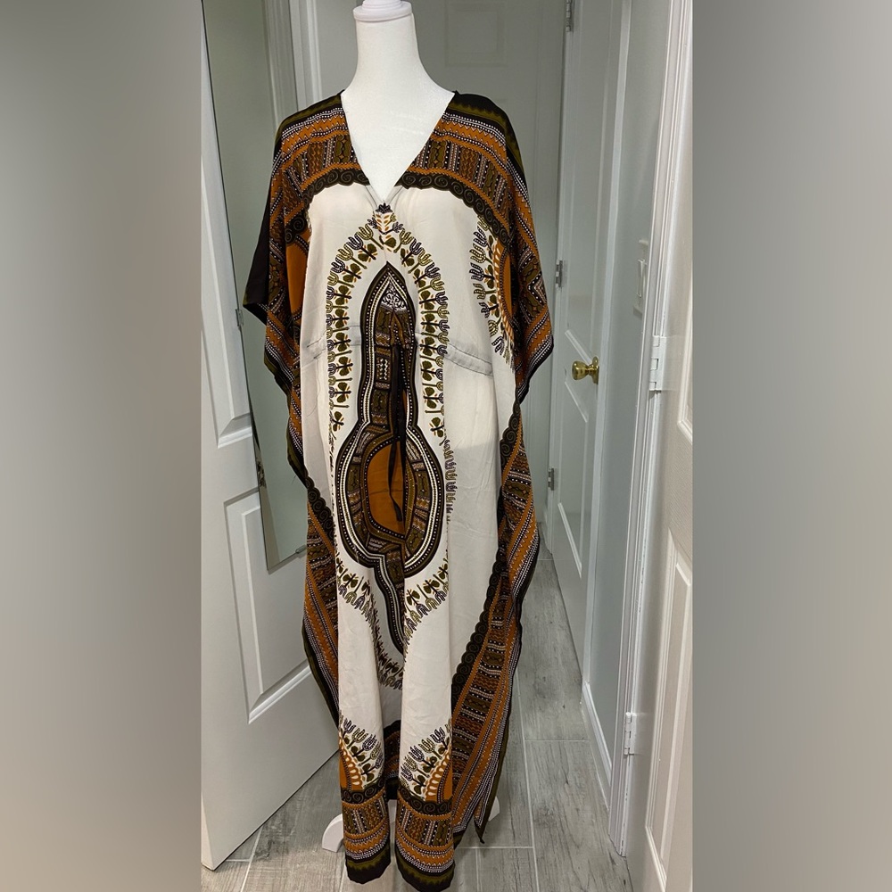 Bohemian V-Neck Maxi Caftan Dress in Cream and Brown